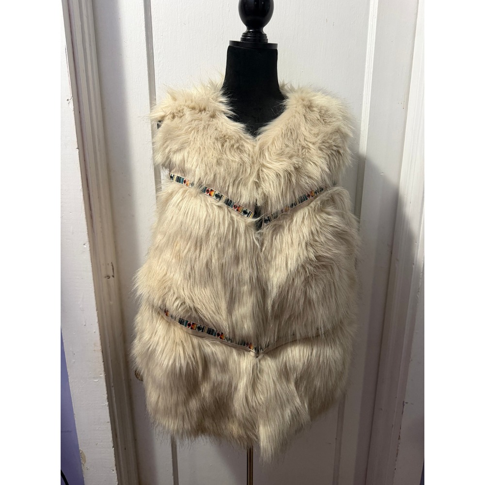 New Directions Faux Fur Vest XL Cream Aztec Embroidered Trim Boho Shaggy Tiered